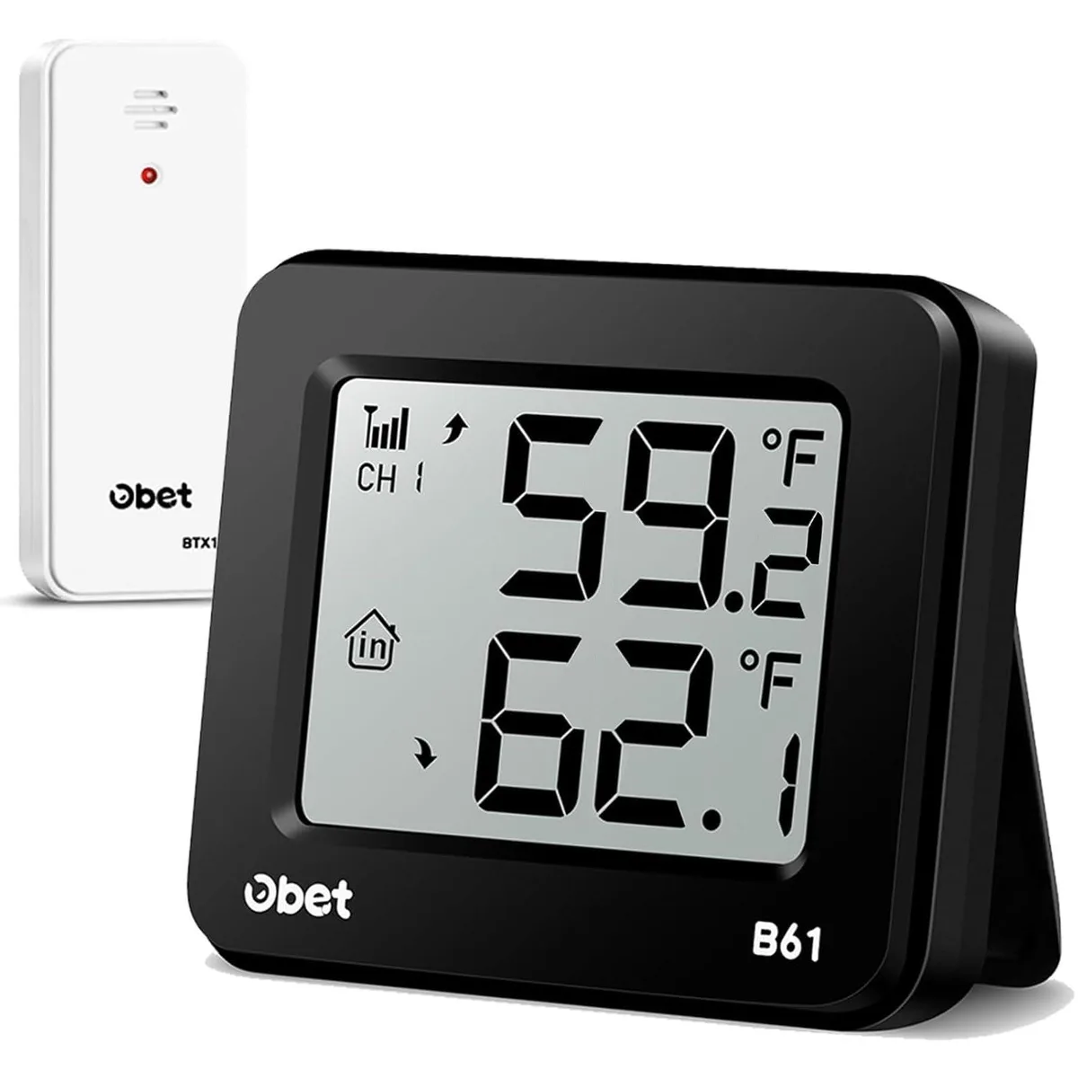 Black rectangular wireless thermometer base unit with digital display and separate outdoor sensor
