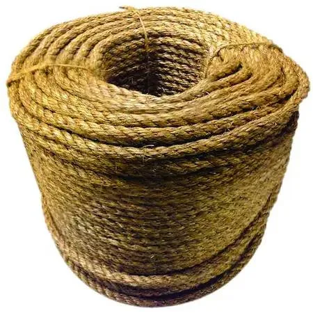 Coil of natural tan manila rope in a box