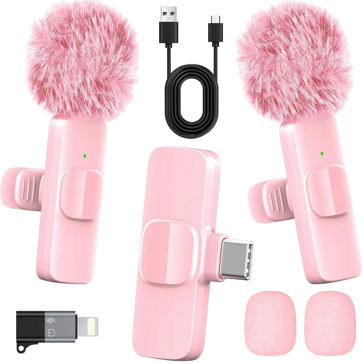  HONGJIEYUAN K9 Pink Wireless Lavalier Microphone 2 Pack — product photo