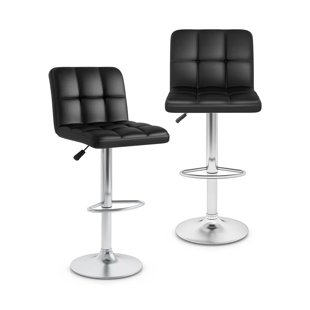 Two black PU leather barstools with silver metal bases, footrests and backrests