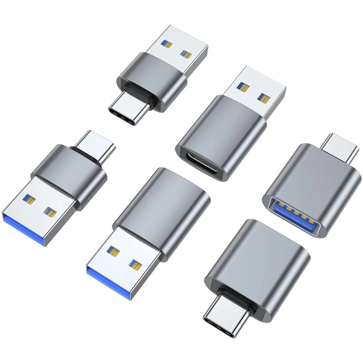 Six grey aluminium USB-C adapters, three different connector types, two of each