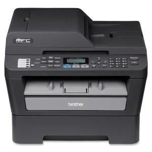 White rectangular laser multifunction printer with flat scanner lid, control panel and output tray