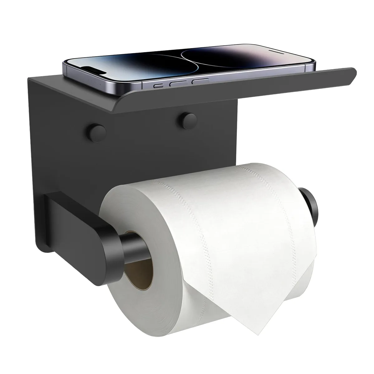 Matte black stainless steel toilet roll holder with top shelf and drop-proof end