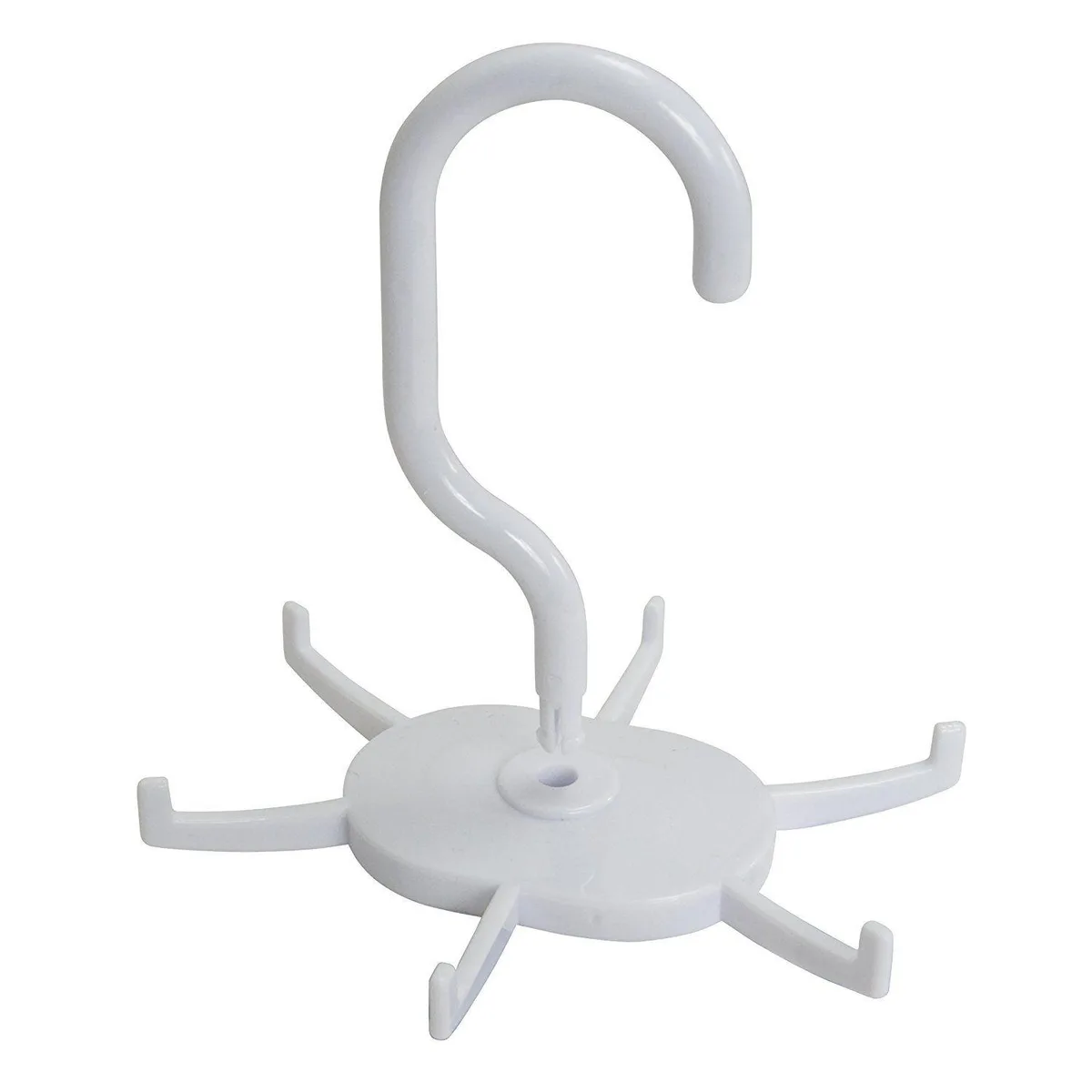White plastic belt organiser with rotating hooks, hangs from closet rail