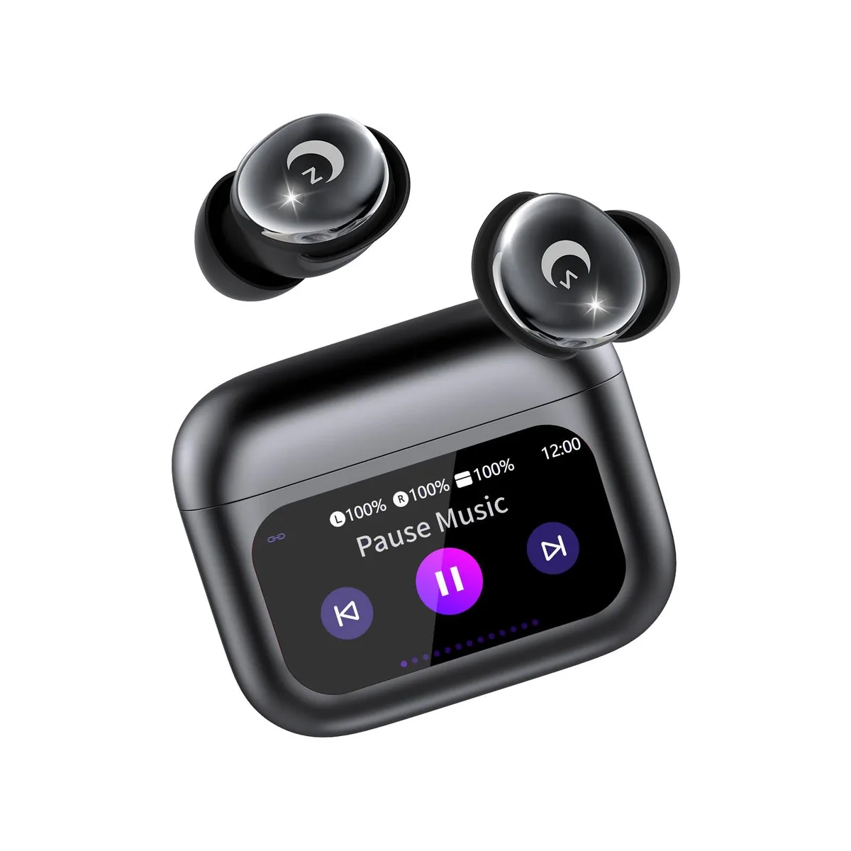 Deep Black in-ear earbuds with touch-screen charging case