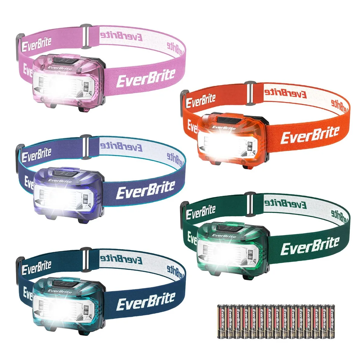 Five colorful headlamps with adjustable straps and tiltable LED units