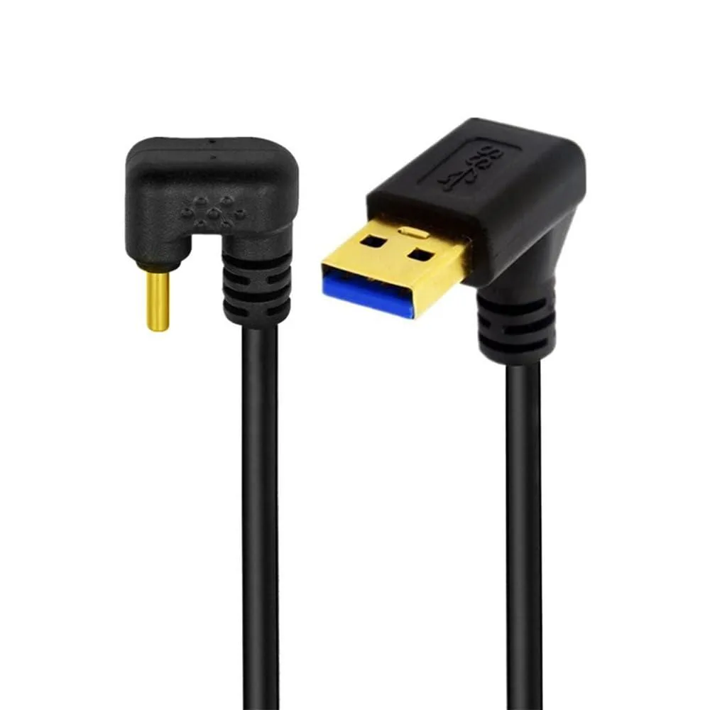Short black USB cable with right-angled Type-A and U-shaped Type-C connectors, gold-plated tips