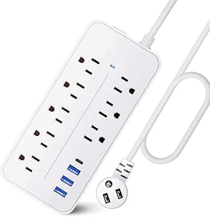 usbroway usbroway 15 ft surge protector power strip 8 outlets 4 usb ports 45° flat plug wall mount — product photo