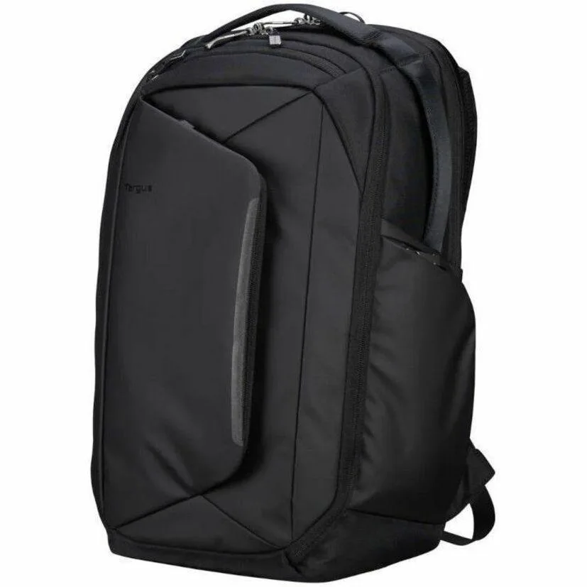 Black polyester tech backpack with padded laptop compartment, expandable pocket and trolley strap