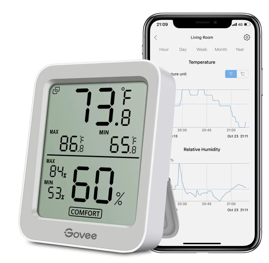 Yellow rectangular hygrometer thermometer with large LCD display and tabletop stand
