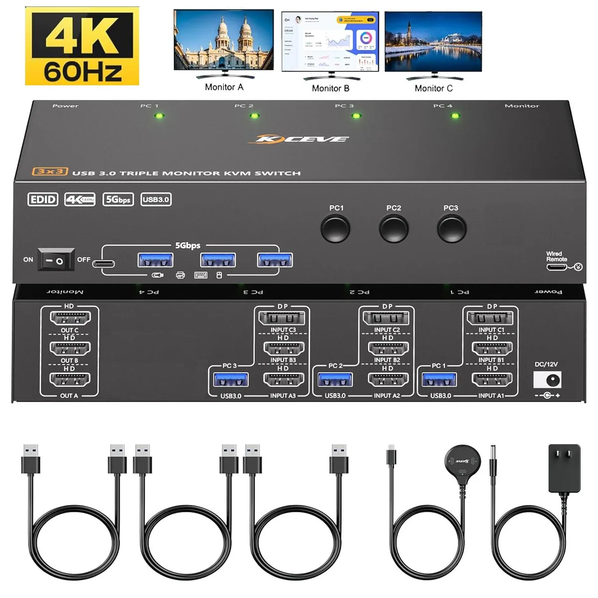 AUTYUE AUTYUE KVM Switch 3 Monitors 3 Computers 4K@60Hz EDID USB 3.0 Wired Remote — product photo