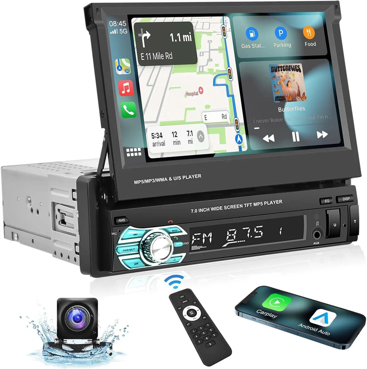 Single-DIN head unit with 7-inch flip-out touchscreen and AHD backup camera