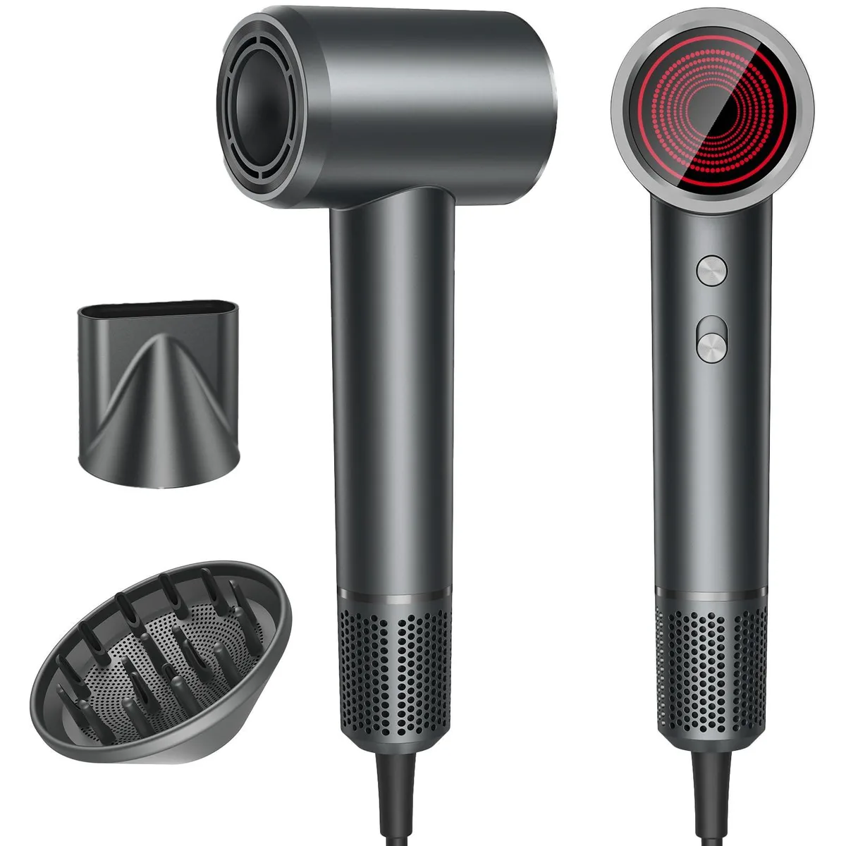Gray cylindrical hair dryer with magnetic diffuser attachment, matte finish, compact shape