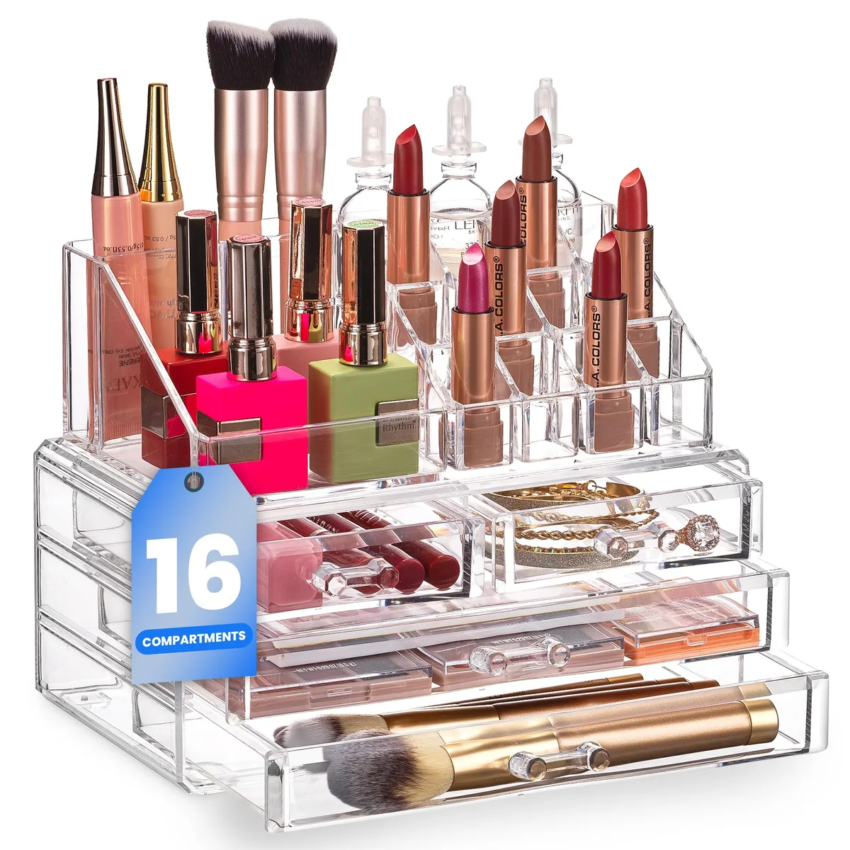Clear acrylic makeup organizer with four drawers and sixteen top compartments