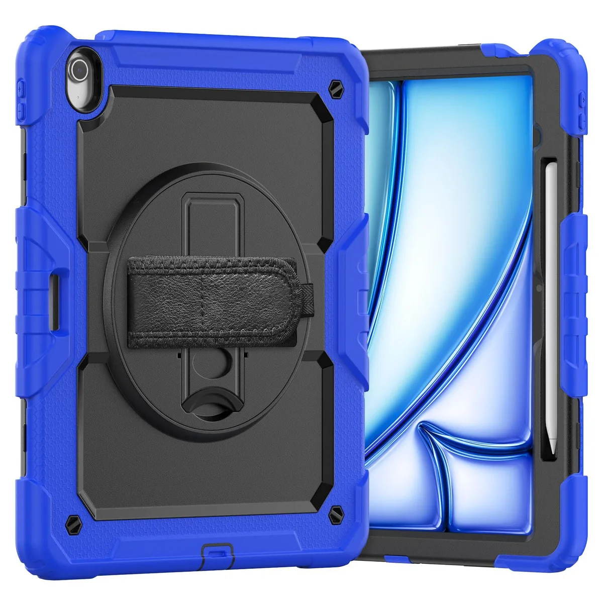 Blue rugged tablet case with rotating kickstand and shoulder strap