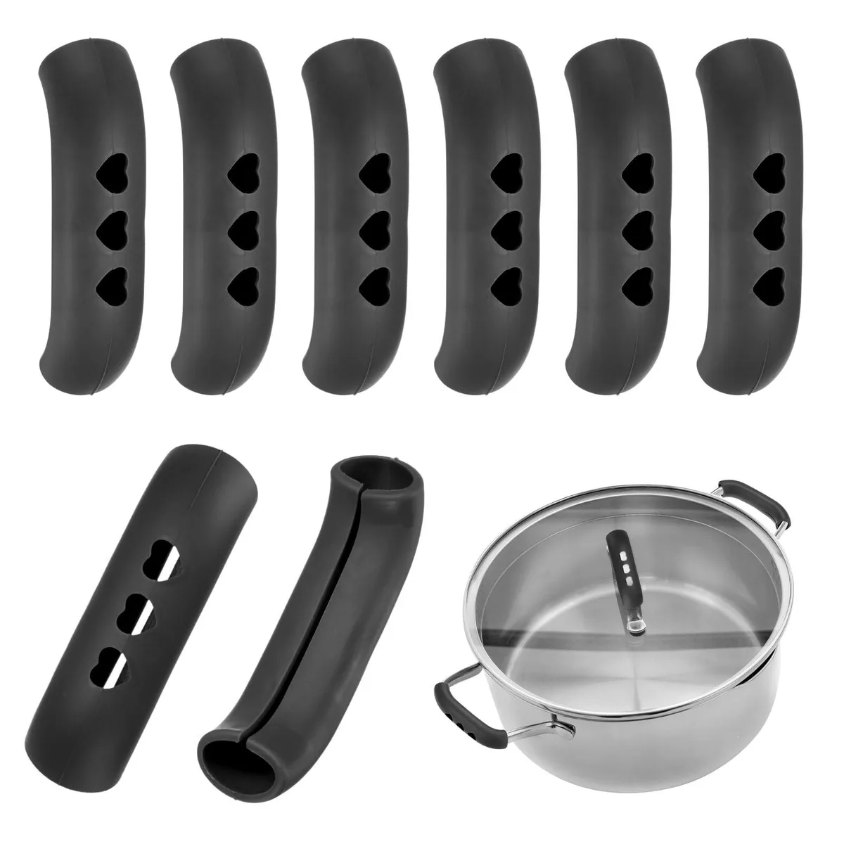 Eight black silicone handle grips with textured surface