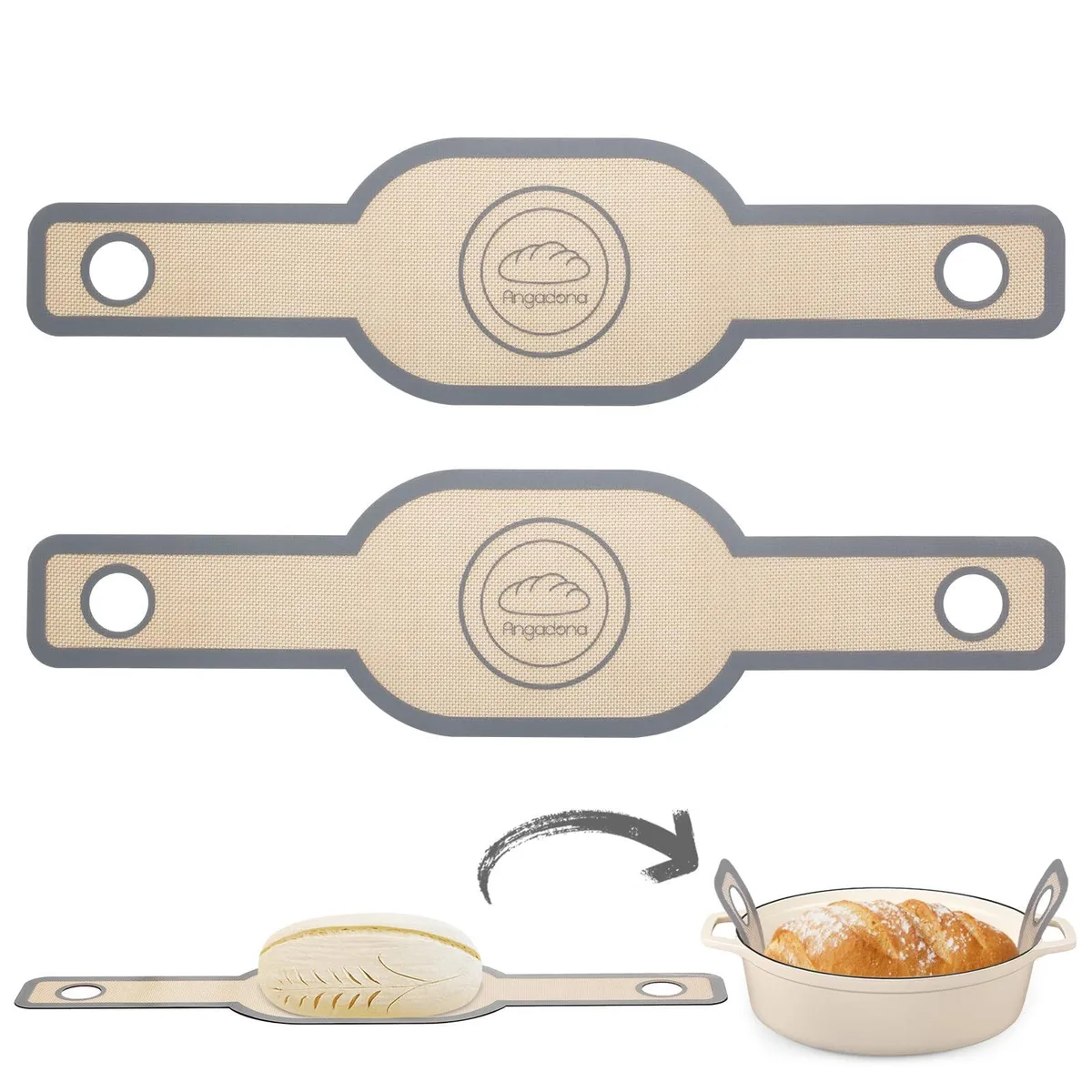 Two grey oval silicone bread slings with long handles