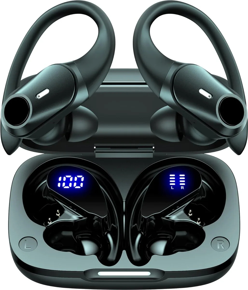 EVESKY EVESKY T59 Bluetooth Earbuds 36Hrs Playback Wireless Charging Case Digital Display Earhook Black — product photo