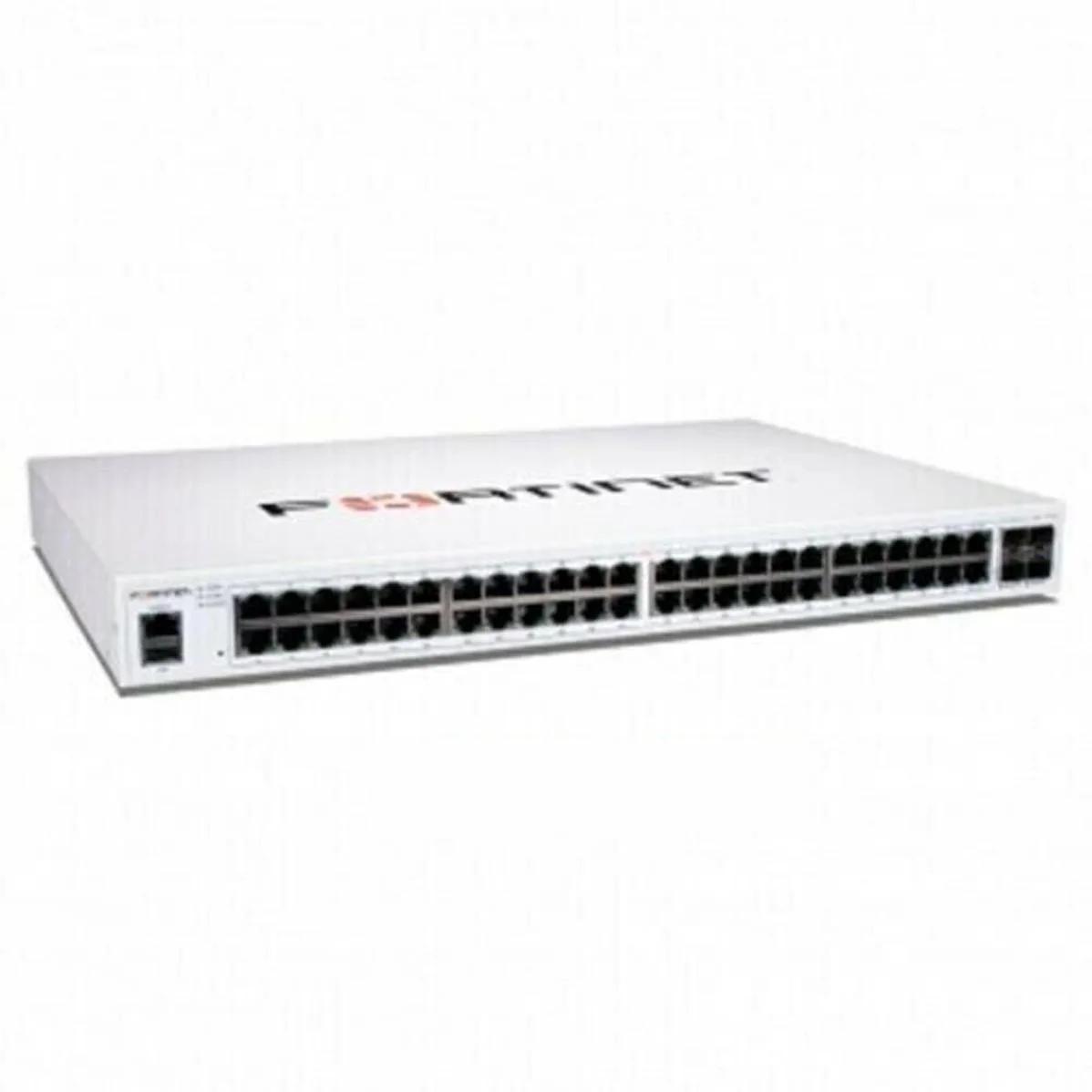 White rectangular rack-mount network switch with 48 ports and fibre uplinks