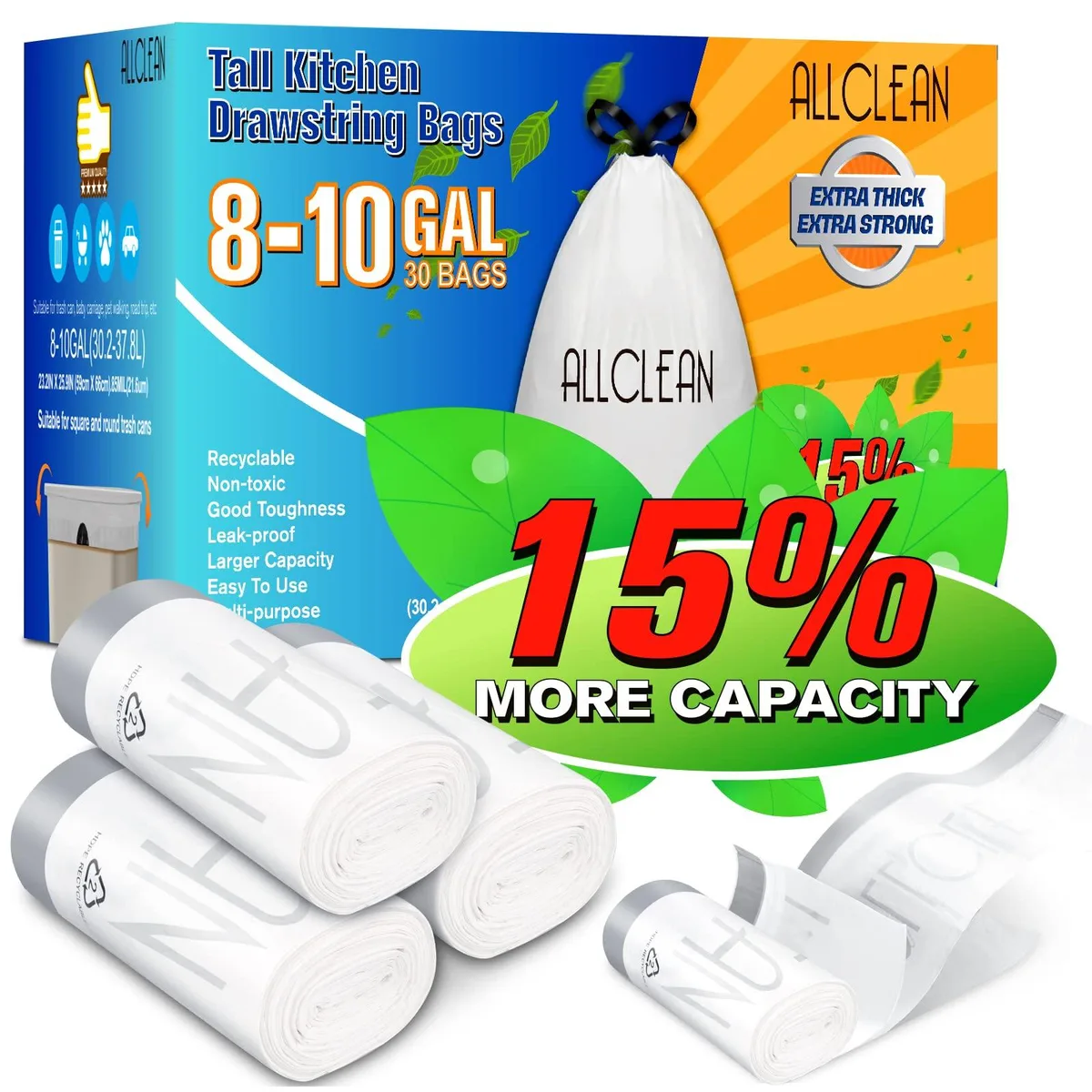  ALLCLEAN 8 Gallon Drawstring Trash Bags White 30 Count 10GLYS-22-0705 — product photo