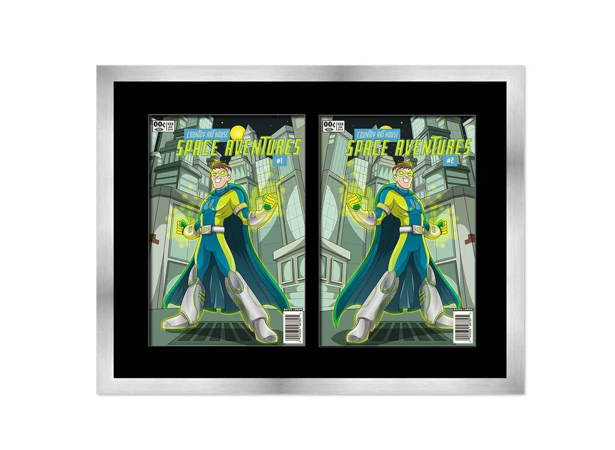 Silver rectangular wood frame with black mat and UV acrylic, holds two 7.75x10.5 inch comics