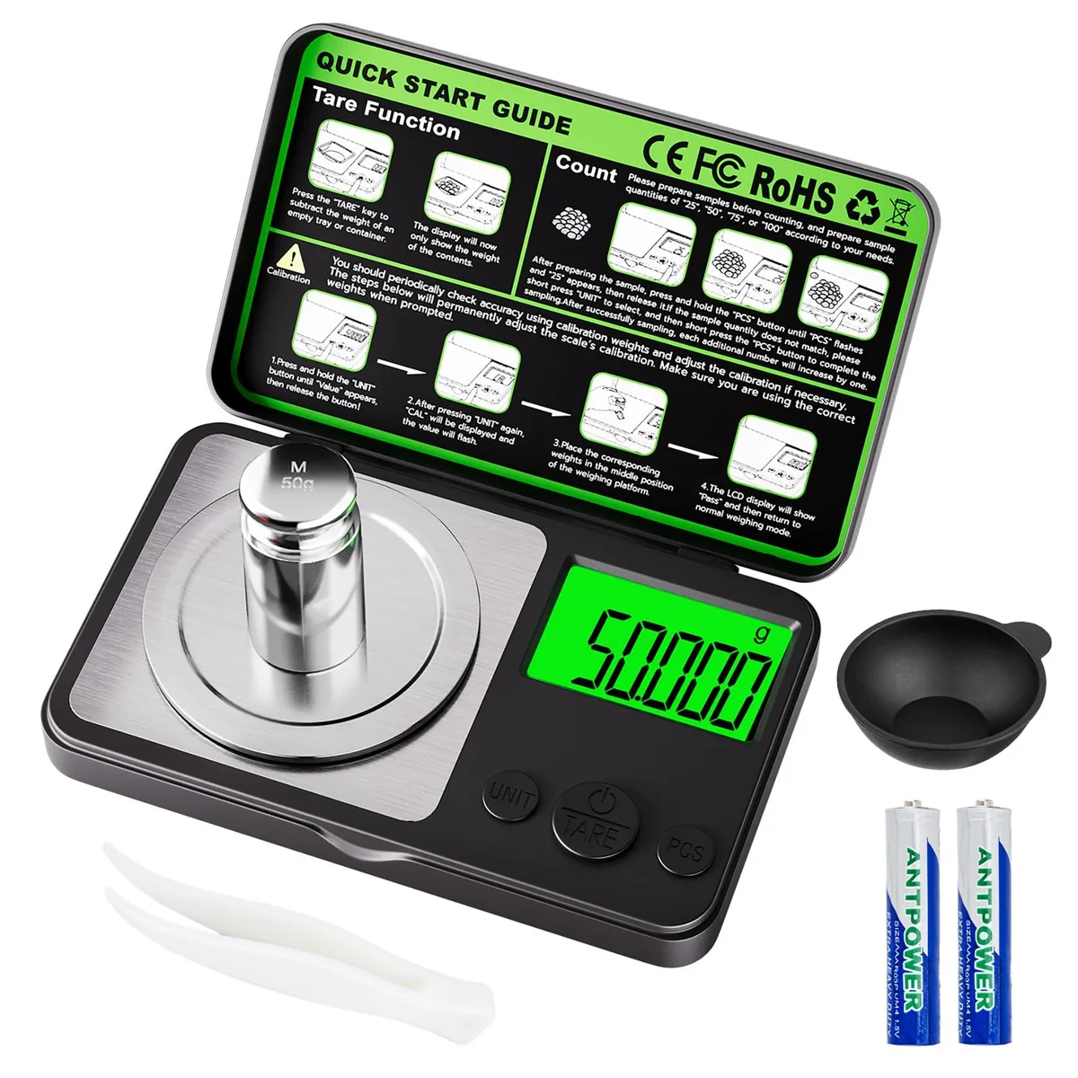 Small white digital pocket scale with stainless pan and backlit LCD display
