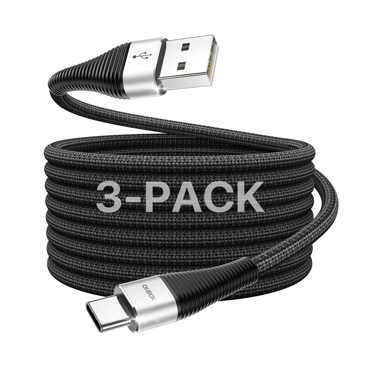 Three orange braided USB-A to USB-C cables, each three feet long