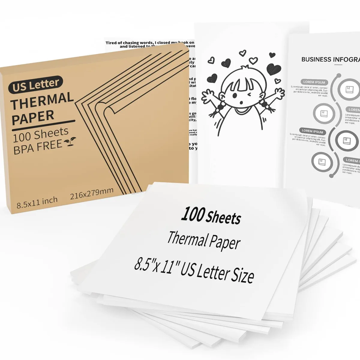 White rectangular stack of 100 uncoated thermal sheets 8.5 by 11 inches