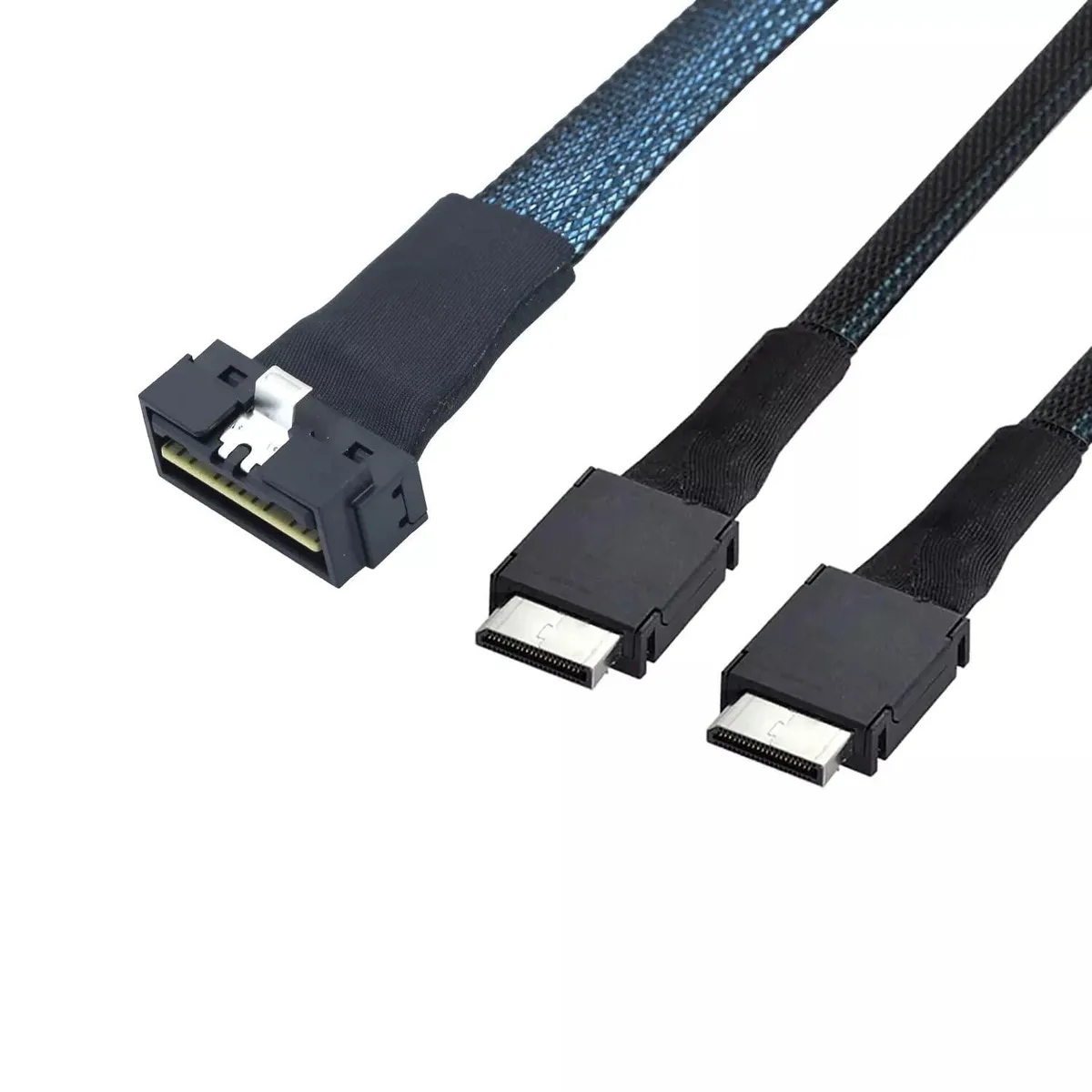 Multicoloured SAS cable, 100 cm, SFF-8654 74-pin to dual OCuLink 8611 38-pin, 90-degree low-profile connectors with locking latches