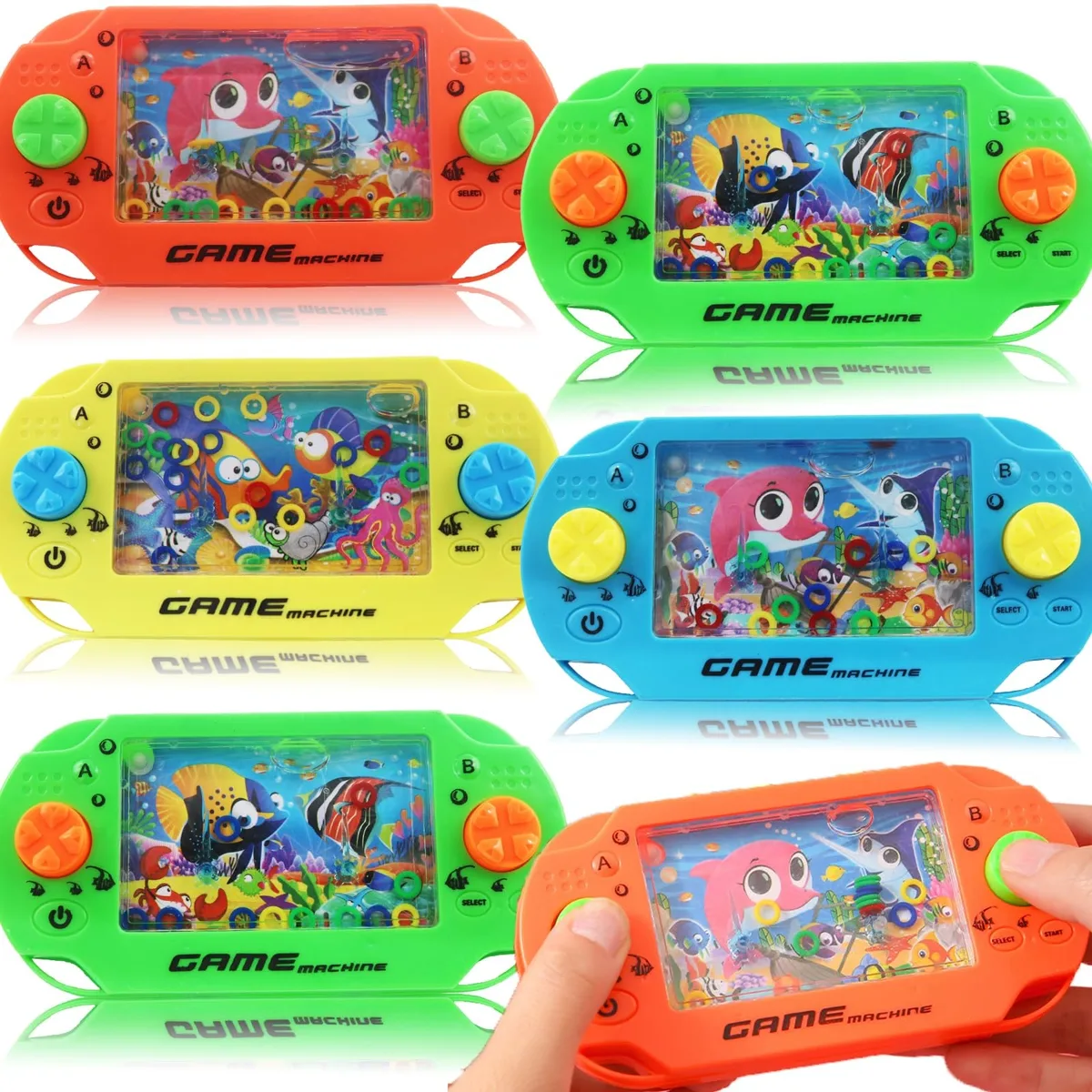 Five handheld water ring games in assorted colours, plastic casing with clear liquid and floating rings