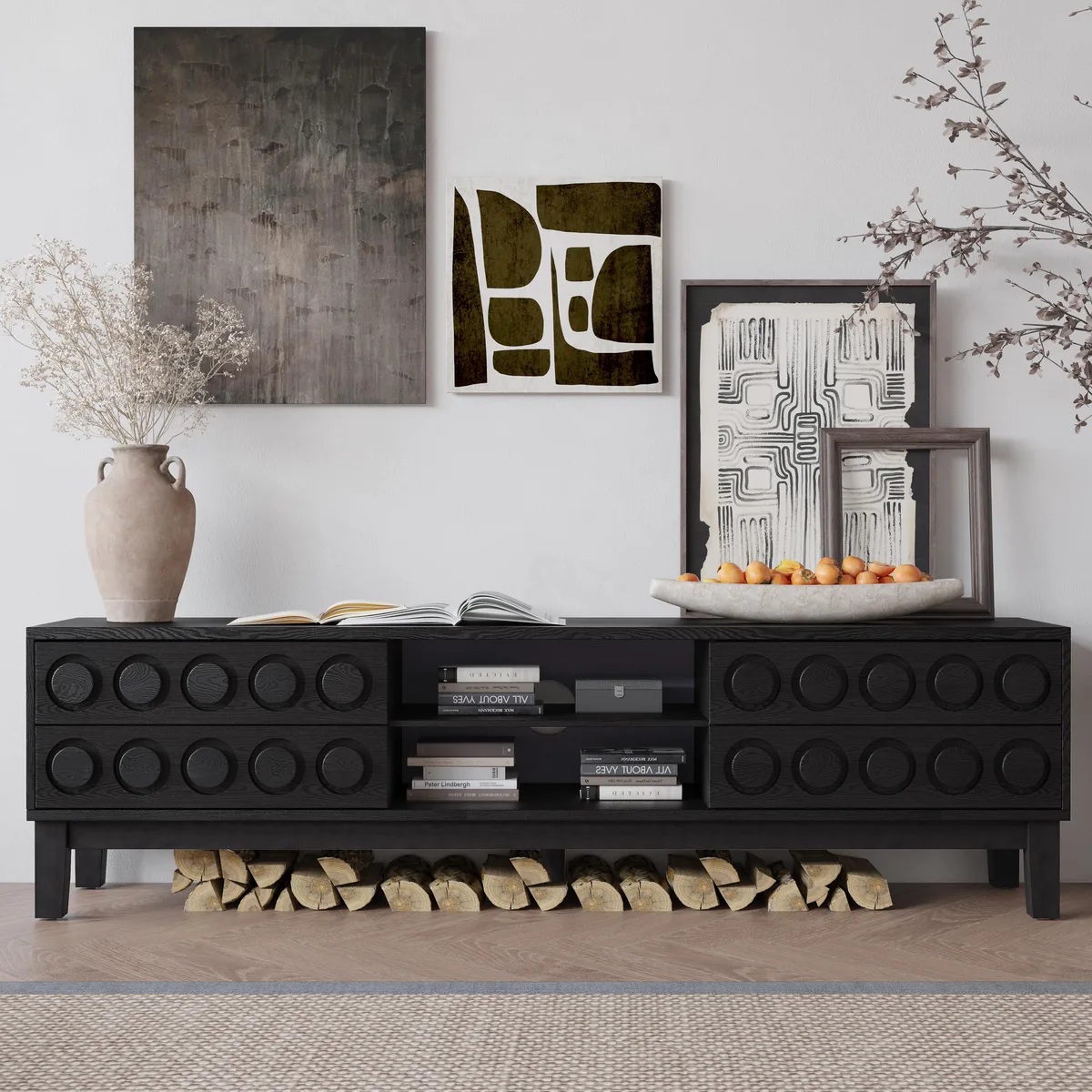 tuphen tuphen Modern Mid-Century Media Console 4 Drawers Cable Management TV Stand 75" Black+Gray — product photo