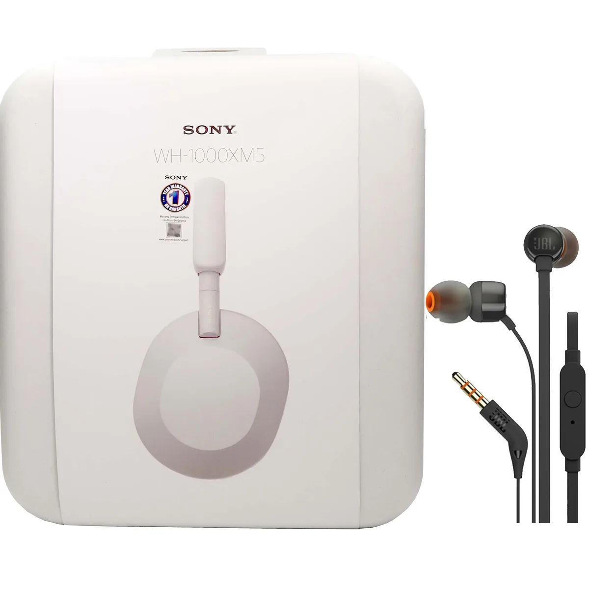 Sony Sony WH-1000XM5 Wireless Over-Ear Headphones (Silver) with JBL T110 In-Ear Headphones — product photo