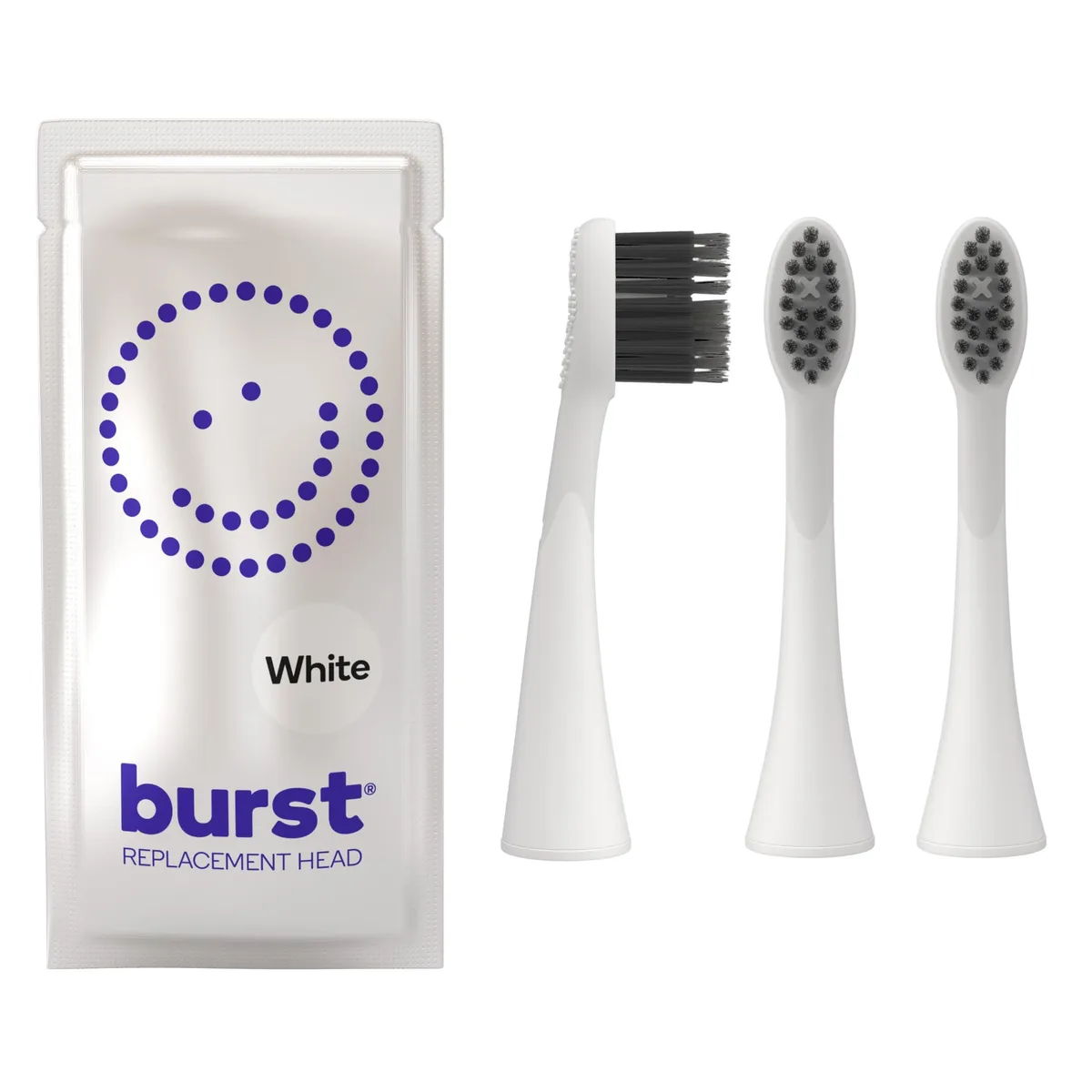Three white ultra-soft brush heads in packaging