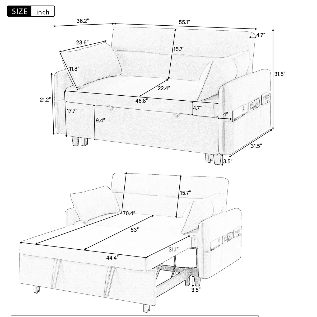 Blue microfiber pull-out loveseat with two pillows and side pockets