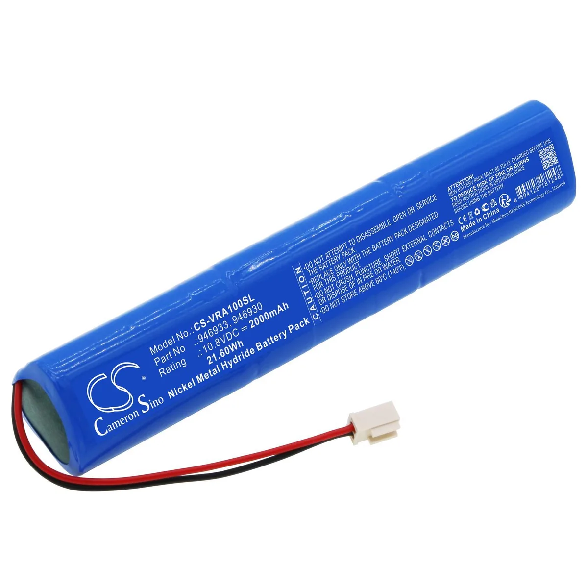 Rectangular Cameron Sino replacement battery with label, plastic casing and wire connector