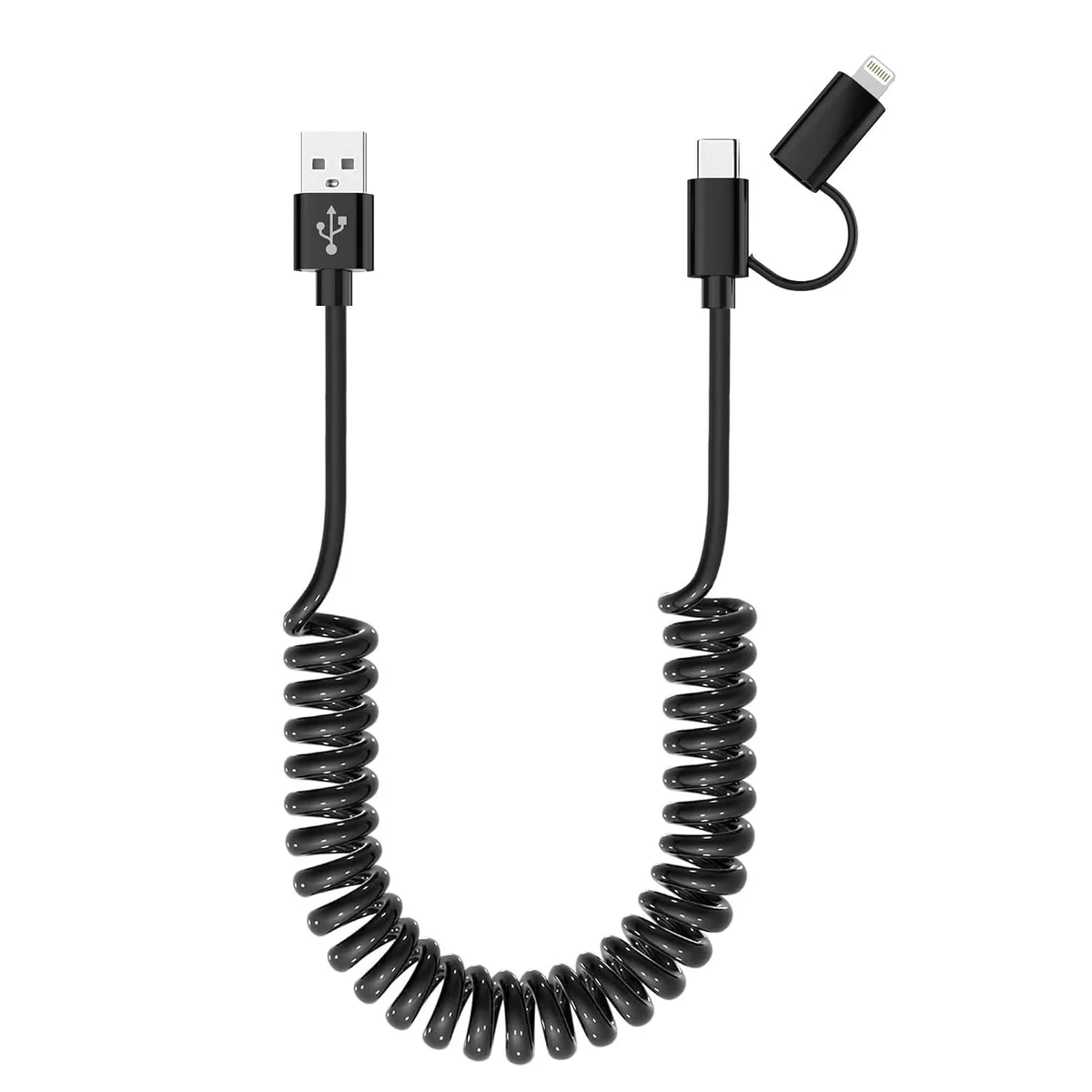 Coiled 2-in-1 cable with USB-C and Lightning connectors on a USB-A base