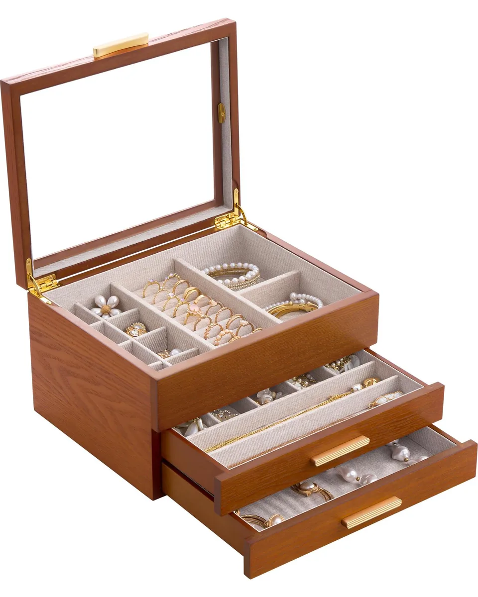 Cherrywood three-layer jewelry box with clear glass window, 20 by 25 by 14.5 cm