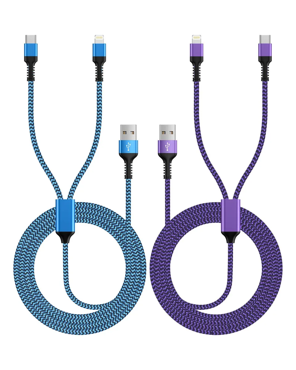 Orange braided Y-cable with USB-A plug, Lightning and USB-C tips, four feet long