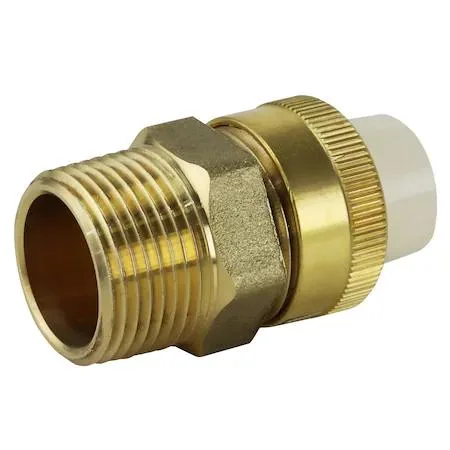 Brass MNPT union with solvent weld CPVC end, transparent finish