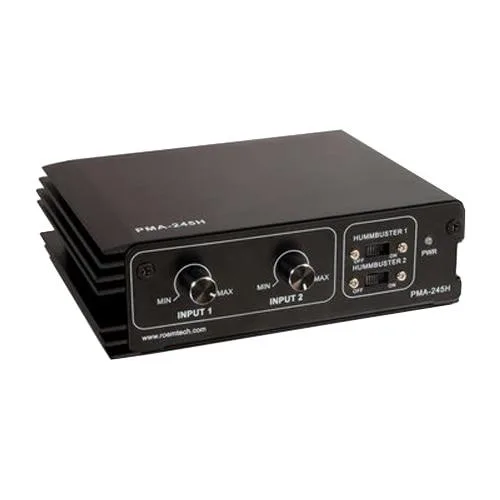 Black metal box with silver front knobs and rear terminals