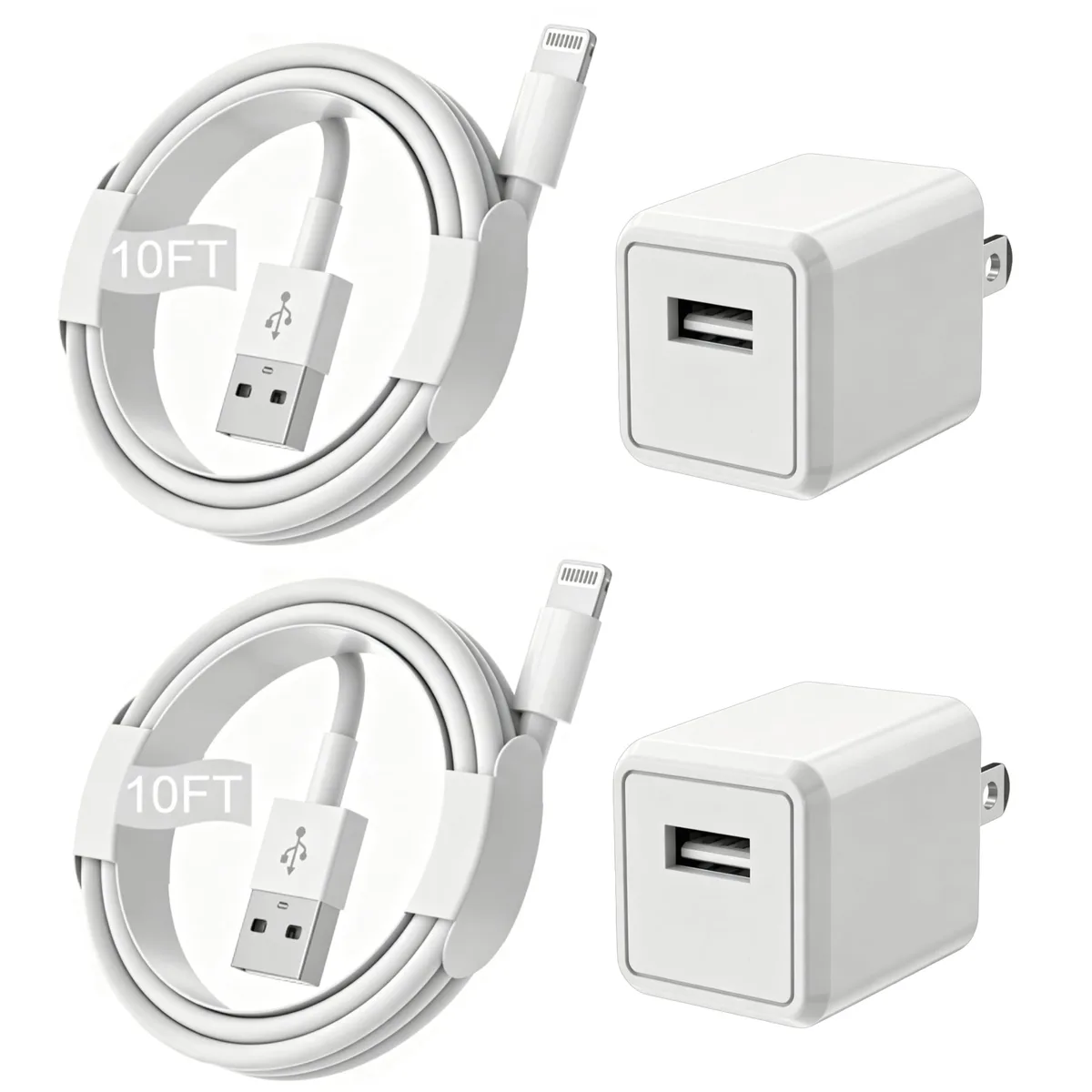 Two orange Lightning cables and two small white USB wall chargers