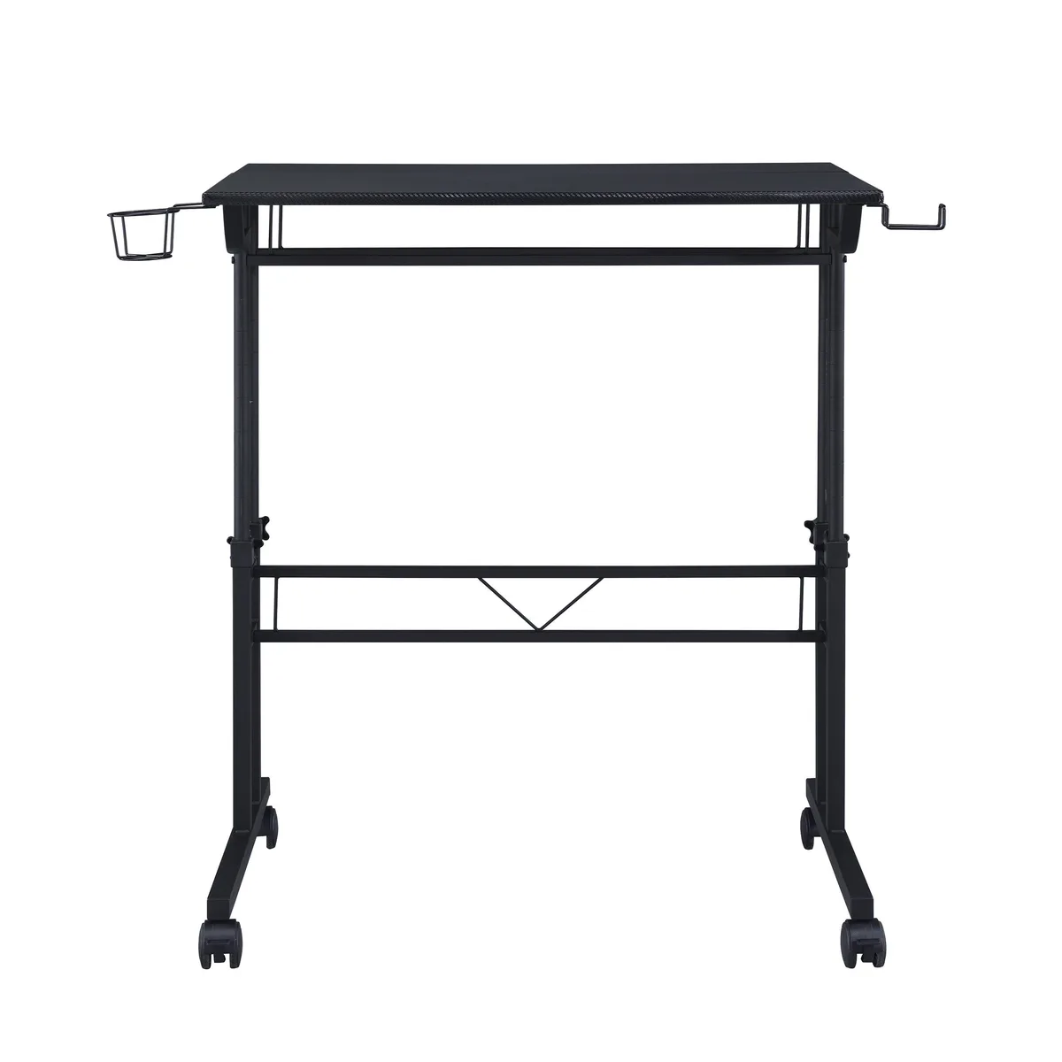 Black rolling writing desk with height-adjustable desktop, movable shelf, locking casters, cup and headphone holders