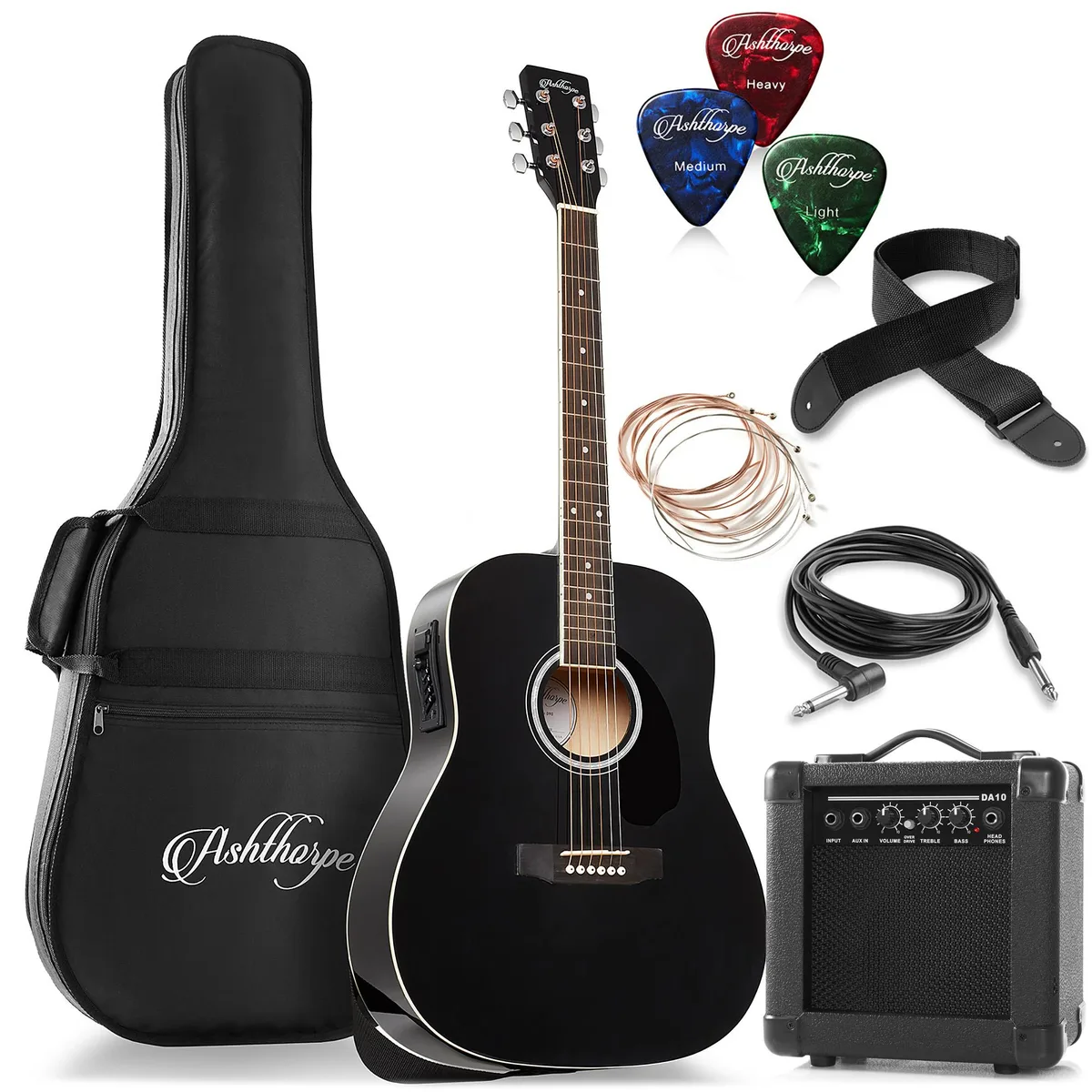 Ashthorpe Ashthorpe 41" Dreadnought Acoustic-Electric Guitar Package 10W Amp Black — product photo