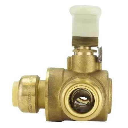 Brass 3-way ball valve with push-to-connect ends and red blue handle inserts