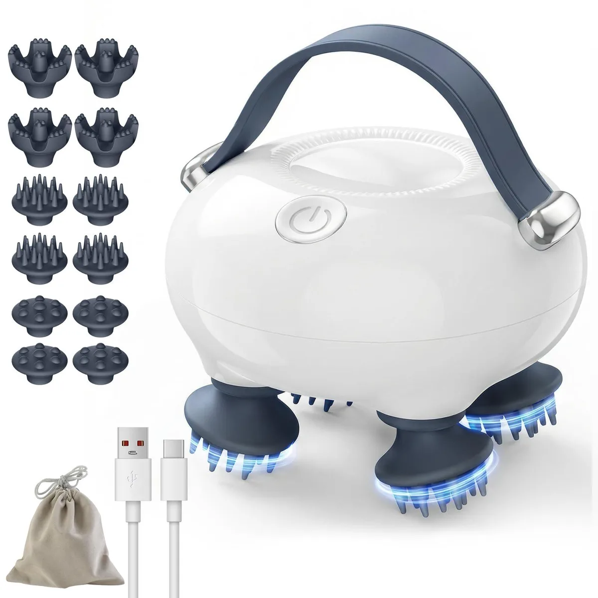 White handheld scalp massager with soft silicone nodes, compact rounded shape, off-white matte finish