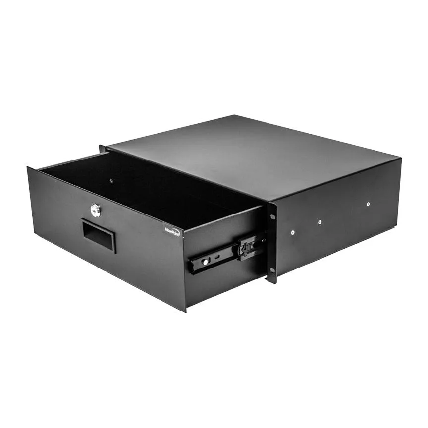 Black 3U 19-inch rack drawer with recessed handle and key lock