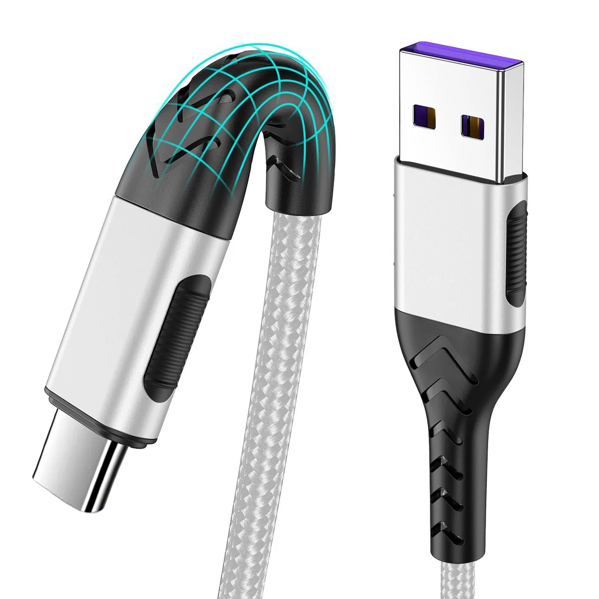 Two bright-silver braided USB-A to USB-C cables, 10 ft each, aluminium connectors with anti-slip treads