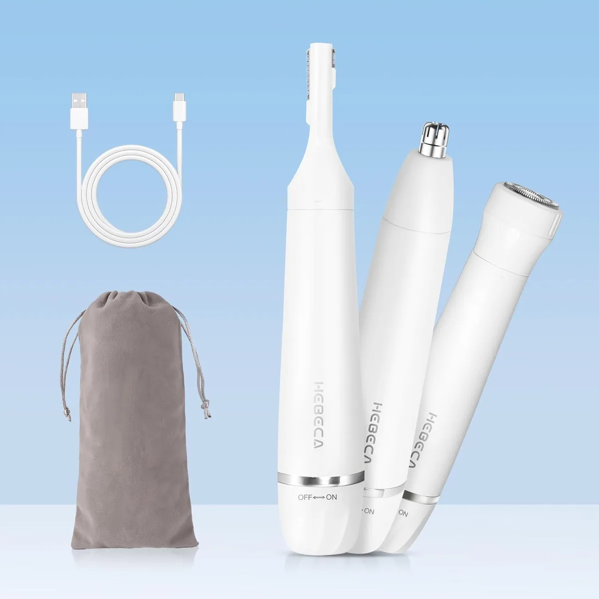 White cylindrical trimmer with three interchangeable heads