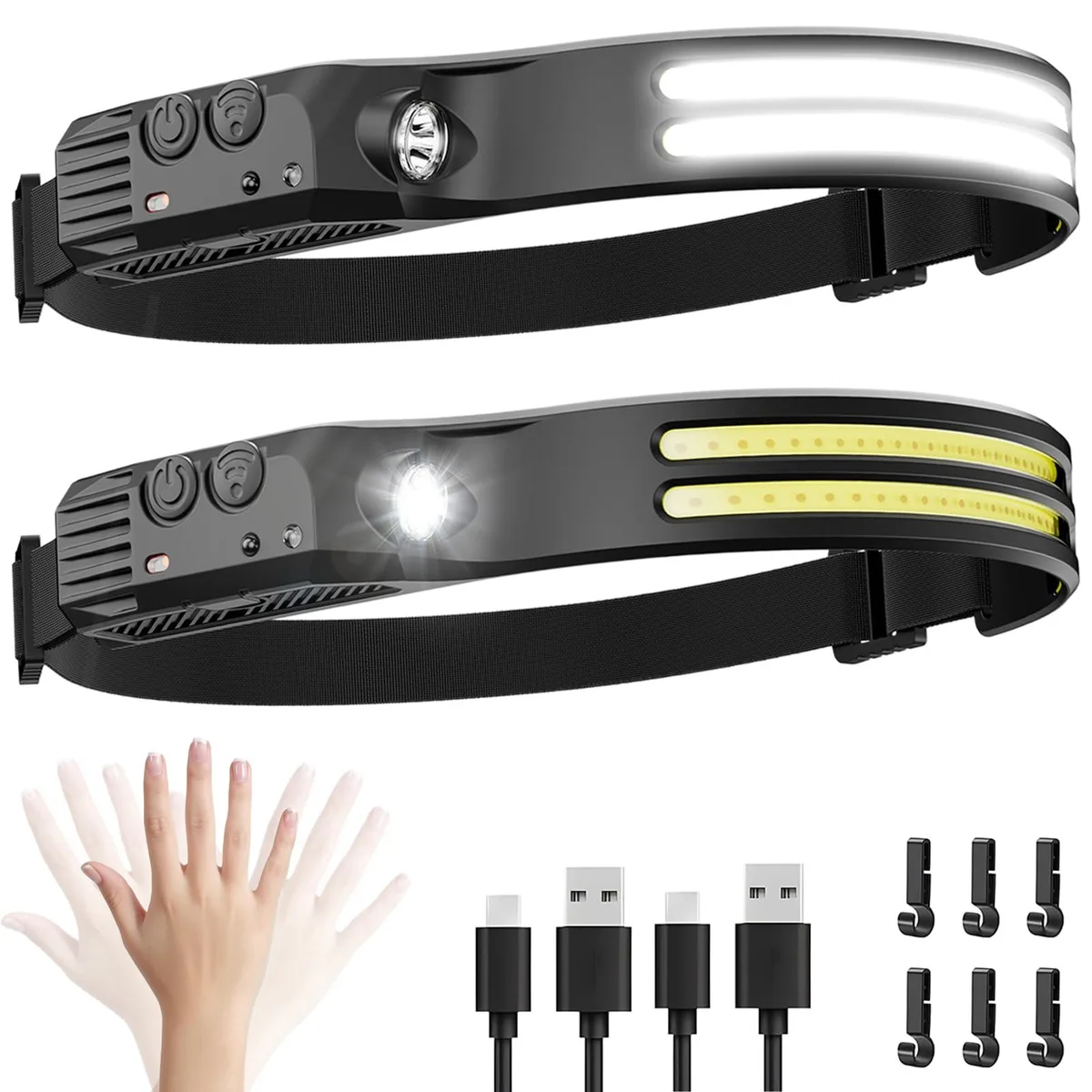 Two black rechargeable headlamps with wide COB LED strips and adjustable silicone headbands