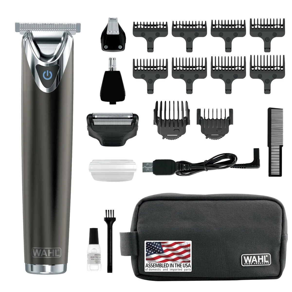 Black cordless beard trimmer with multiple attachment heads and guide combs, model 9864